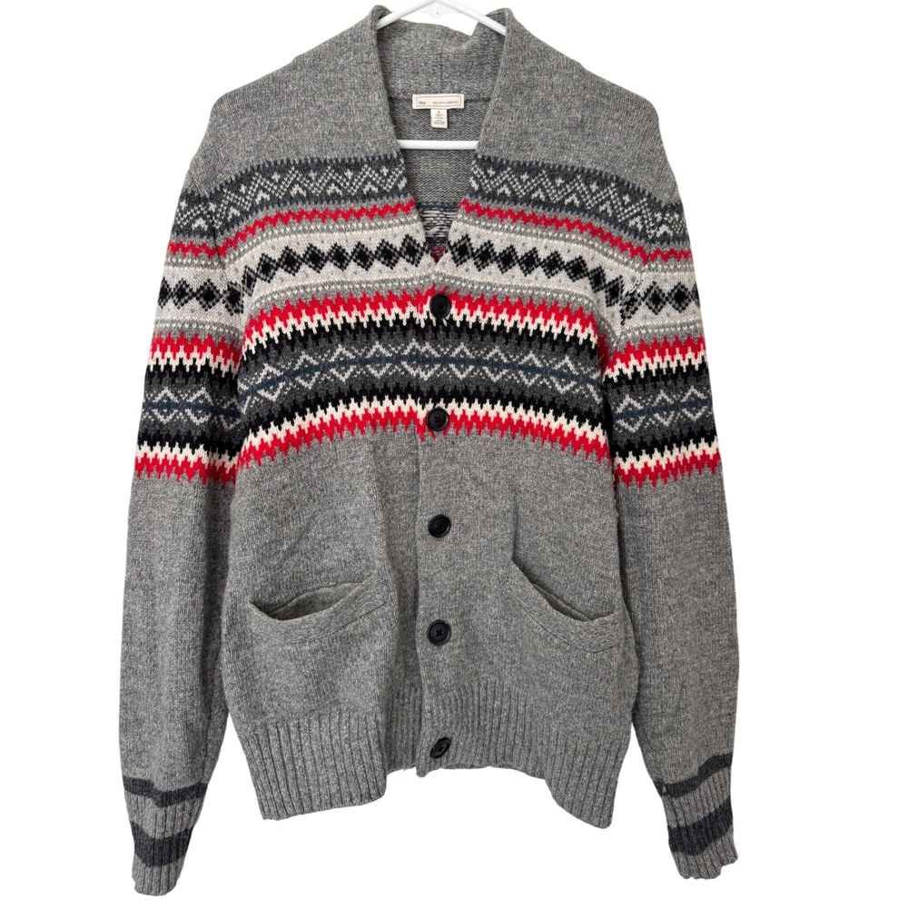 Gap Men Fair Isle Sweater Grey Lambswool Blend Button Front Cardigan Size S